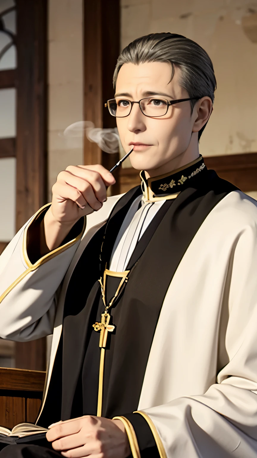 8k, best quality, highres, realistic, real person, A clergy character with glasses and short hair, who, despite being a cleric, enjoys a drink and a cigarette. The cleric's attire is a blend of traditional and modern elements, reflecting their unconventional personality. The setting is a dimly lit, cozy space, suggesting a private retreat where the clergy can unwind. The character's demeanor is relaxed and a bit mischievous, adding an interesting contrast to their holy profession.
