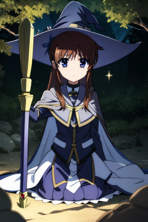 nanoha、uniform、skirt、Long Hair、Cape、Witch Hat、Magic wand、in the forest