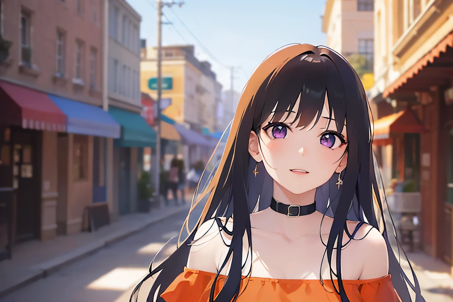 highest quality、masterpiece、 Realistic, Real person, (Pale skin: 1.2), RAW Photos, Realistic, Shiny skin, Shiny Hair、(A 26-year-old woman with straight hair and bangs) and (Medium Hair) and (Black Hair) and (Purple eyes) ,(Orange Off-Shoulder:1.7) 、（smile：1.2）and(open mouth:0.8)、(looking up：1.2)、The background is an amusement park、alone、Biologically correct five fingers、（Placing hand on chest：1.5）、Side view、Cinema Angle