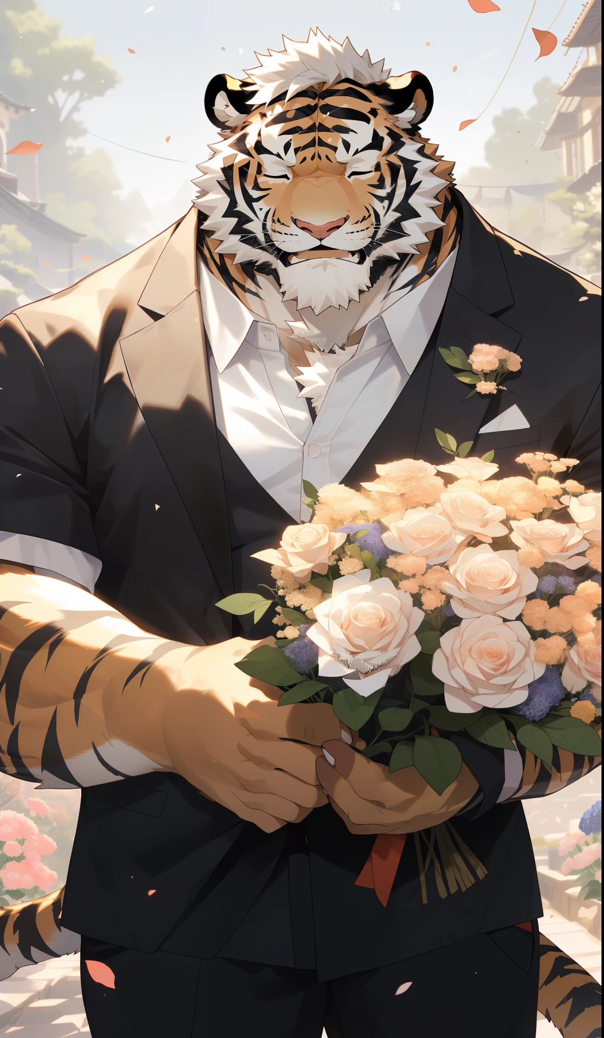 hairy，（tiger，Black short sleeve：1.3）beard，Golden pupils，White short hair，Strong body，Golden fur，With eyes closed，male，Grin，Holding a bouquet of flowers in both hands，街道background，Front view，background，真实的background，极其lifelike阴影，masterpiece，Very detailed，lifelike。