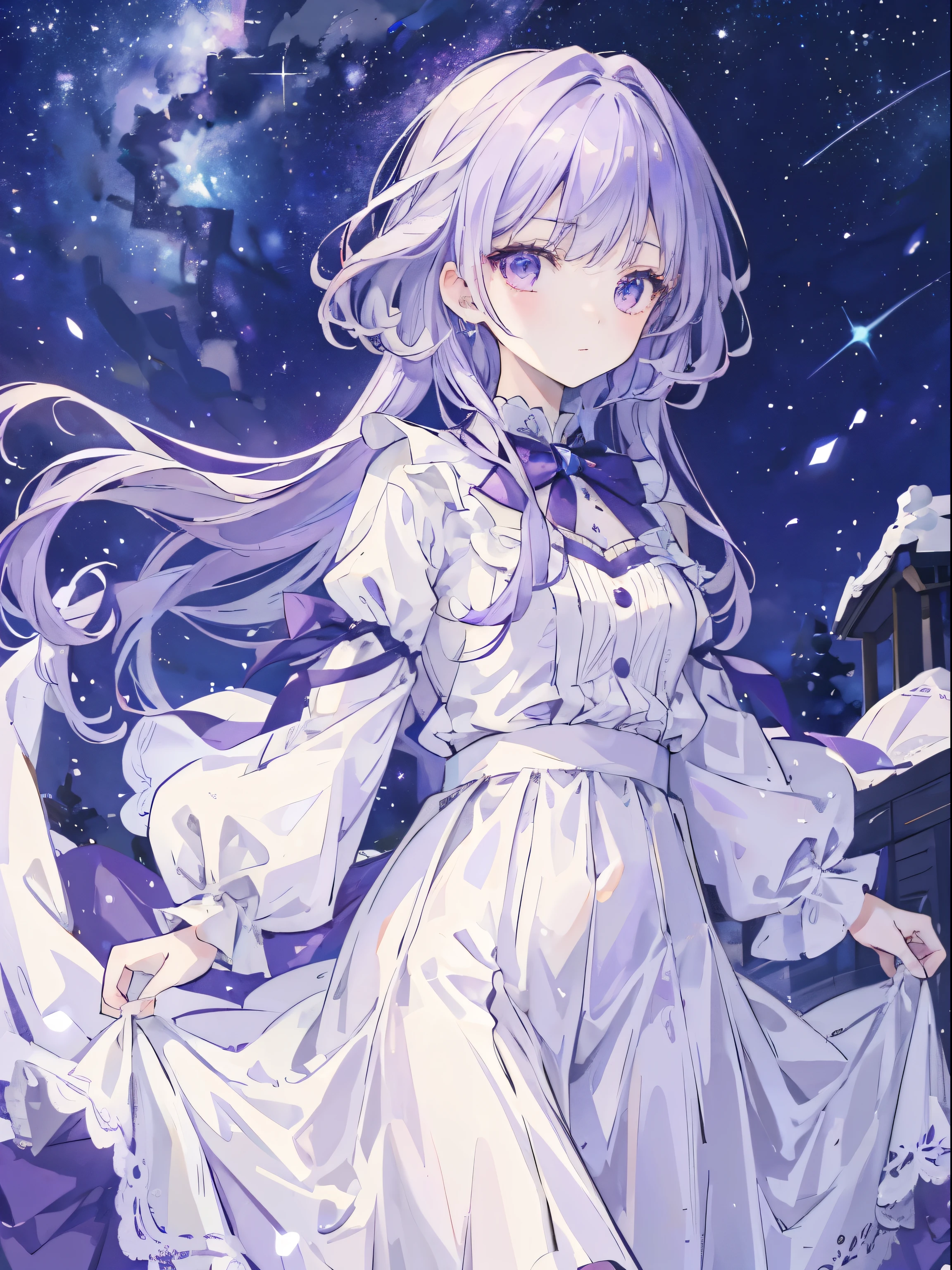 master piece,highest quality,1 girl,light purple hair,purple eyes,white long skirt,starry sky,Starlight
