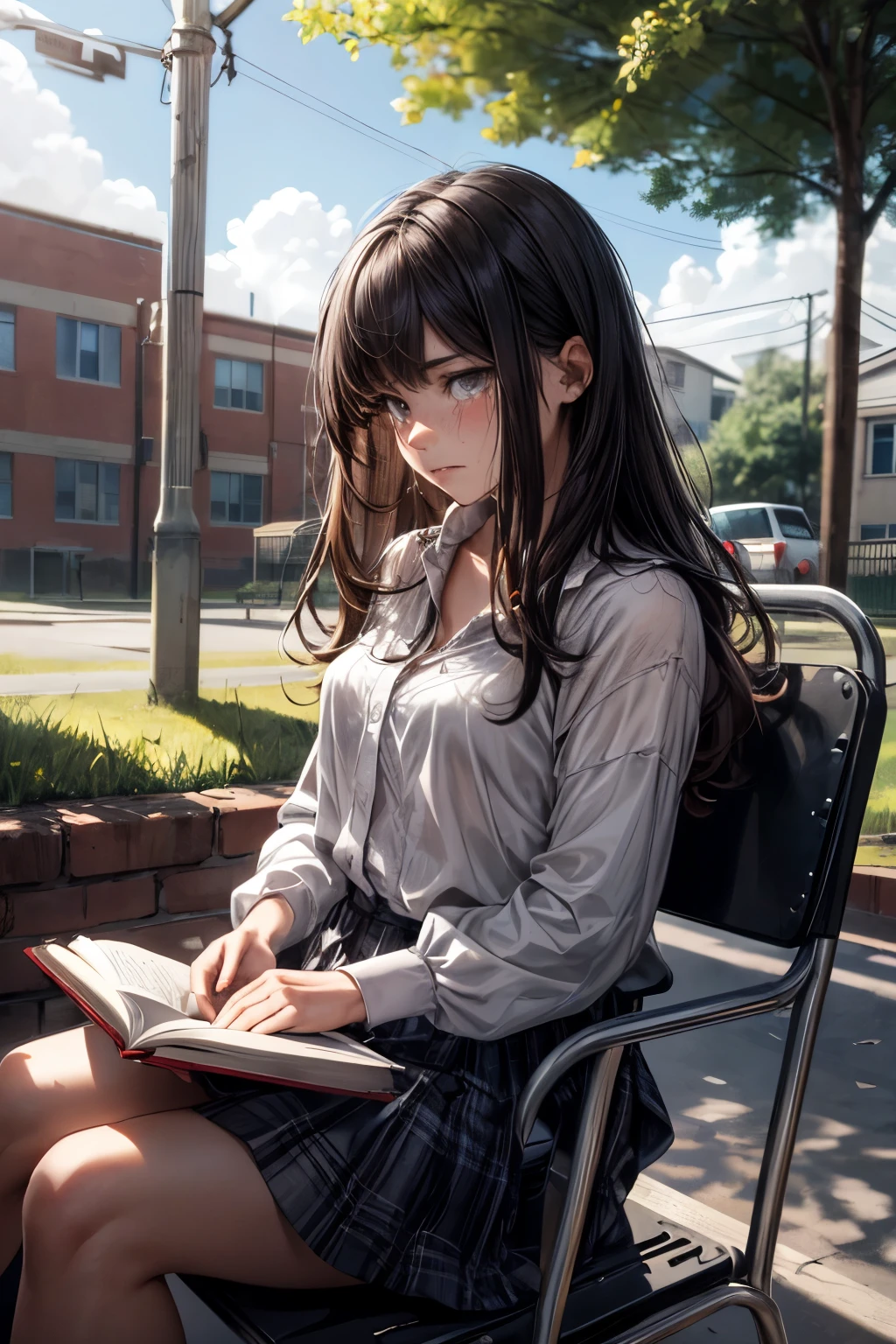 ((best quality)), ((masterpiece)), (detailed),(perfect face),"A realistic image of a age girl sitting alone under a large oak tree outside a school. The girl looks upset and looking down, with tears welling up in her eyes and a sad expression on her face. She is holding an open book in her hand, but her focus is not on it. She is wearing a , consisting of a white blouse and a plaid skirt, with her long hair slightly tousled. The tree's branches and leaves create a shadow over her, adding to the somber mood. In the background, there is a typical school building with windows and a playground that is empty, emphasizing her solitude. The lighting is soft and subdued, suggesting a cloudy day or late afternoon, enhancing the melancholic atmosphere.