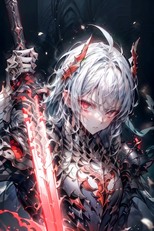 (best quality, perfect face, expressive eyes), 1boy, (male), (adult), white hair, crimson eyes, berserker armor, berserker sword, intense battle scene, fierce expression, dynamic pose, epic background, dramatic lighting, thick atmosphere, detailed armor, intricate sword design, muscular physique, adrenaline rush, high-contrast colors, powerful strokes, digital illustration