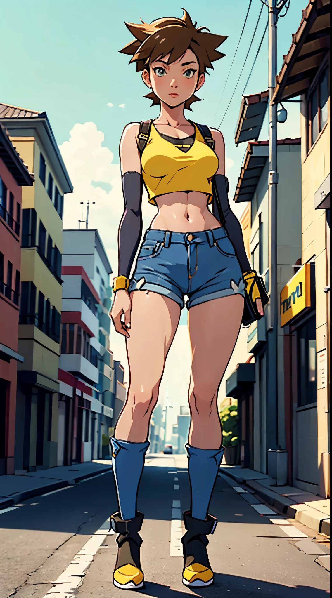 1 female, solo, Misty from Pokemon, masterpiece, very detailed, EnvyBetterHands LoCon, standing position, streets background, realistic body proportion, wearing a denim short, yellow crop top with straps, EnvyBetterHands LoCon