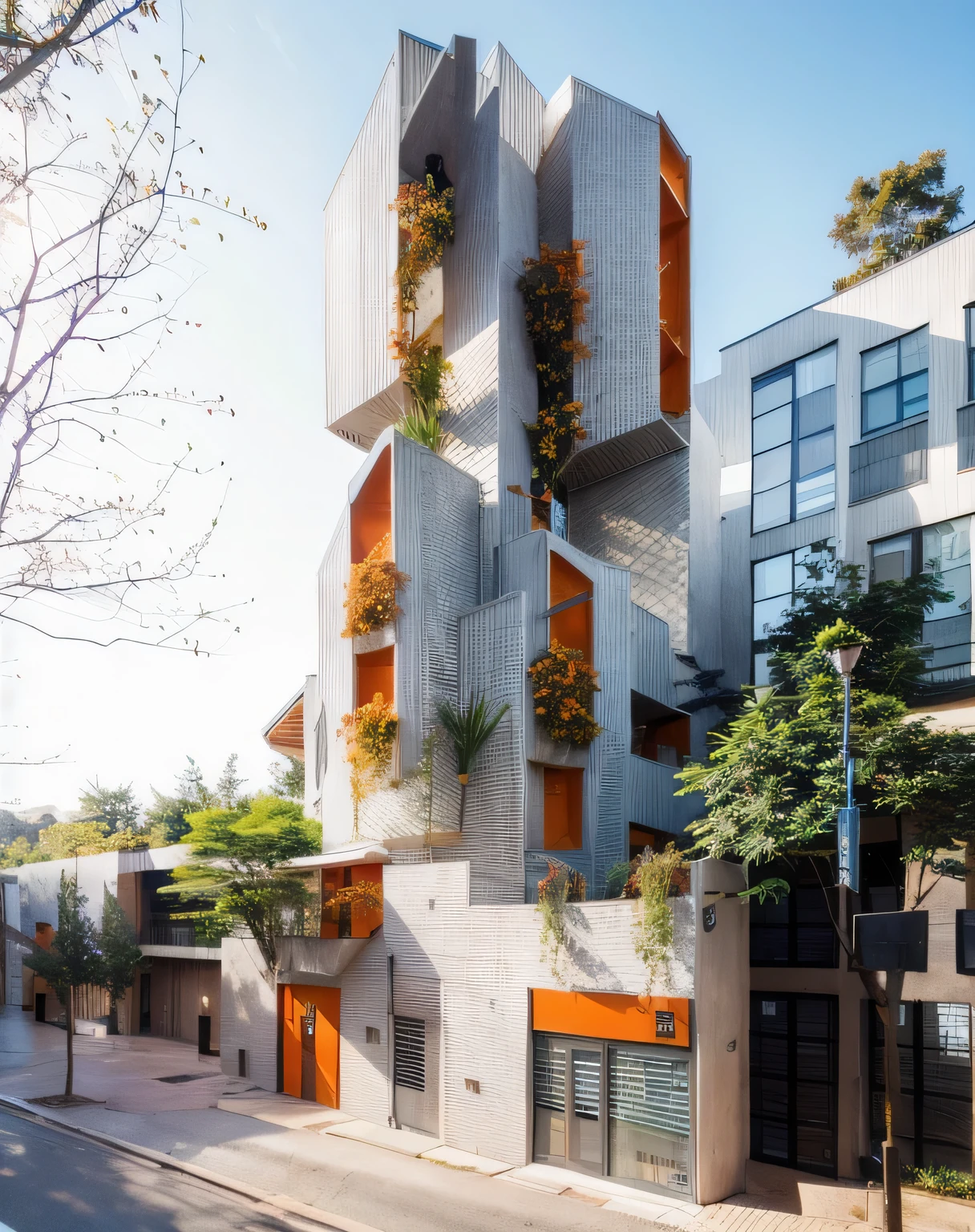 Modern design, concrete materials and orange aluminum panels, The facade uses glass