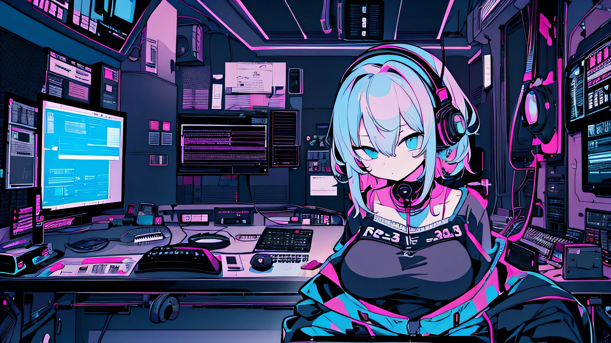 Best quality, (masterpiece:1.2), best detail face,1 girl, big breasts, 18 yo, 8k,absurdres,unity 8k wall paper,(extremely detailed:1.3), highest realistic, (headphones:1.1), (soft neon light:1.1), (floating hair:1.2), (psychedelic:1.2), Her room full of music equipment, loungewear, (((Roland TB-303 Synthesizer))), loose loungewear, Looks listless, See the whole room