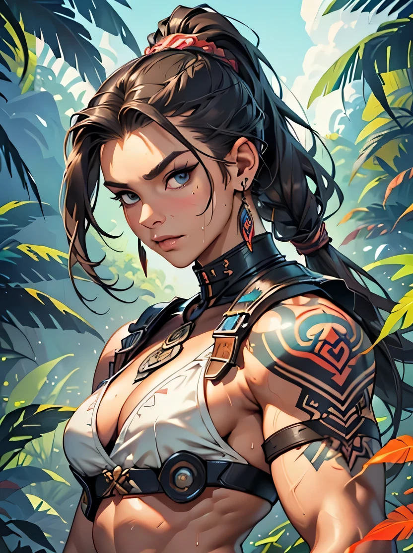 ((masterpiece、highest quality、Ultra-detailed、High resolution、Sharp focus))、((One Girl、Mature Woman、Face Light、Bust Shot))、Big eyes and face、Strong physique、Savage woman、Long Hair、ponytail、Look up、Bored look、pompadour cut、Braid、Warrior Armor、strap、Gauntlet、Dark brown skin、Tattoo、belly button、Trained abdominal muscles、Sweaty skin、Thick tight chest、Broad shoulders、Arm Muscles、Leg muscles、Combat makeup、Jungle Background、View your viewers、Detailed hand drawing、aztec, science fiction, neon light, mechanical, feathers、SlightMuscle