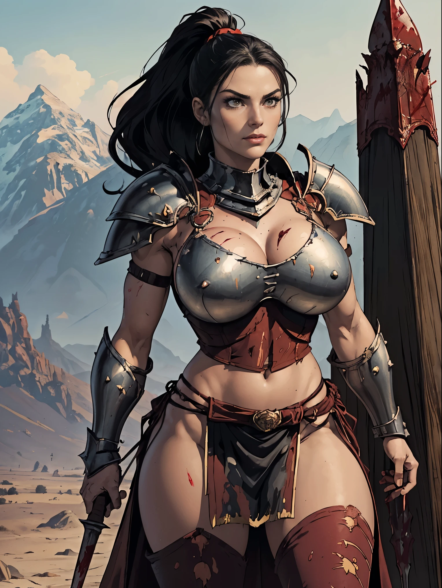 (masterpiece, top quality, best quality, official art, beautiful and aesthetic:1.2), (1girl:1.3), ((Sharp facial features, sharp features, hawkish features)), ((pale skin, orange eyes, big hair, long black hair, ponytail)), big tiddy chaos warrior girl, extremely detailed, portrait, looking at viewer, solo, (full body:0.6), detailed background, full-body shot, (hot desert mountain theme:1.1), chaos warrior, (spiky helmet), charlatan, smirk, mysterious, swaying in mountains, armor, red metal, brass trim, long boots, blood red fabric, pelvic curtain, loincloth, black leather, ((((spear, heavy armor, blood, blood splatter, armored, gigantic breasts, long legs, pelvic curtain, toned, muscular)))), cute belly button, toned tummy, slim waist, slim hips, long legs, medieval (mountain exterior:1.1) background, dark mysterious lighting, shadows, magical atmosphere, dutch angle