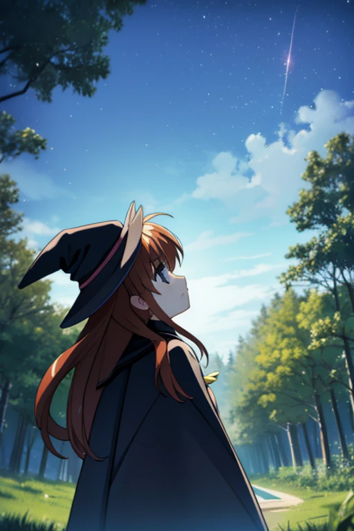 nanoha、uniform、skirt、Long Hair、Cape、Witch Hat、Magic wand、in the forest、Looking up at the sky、Sad face