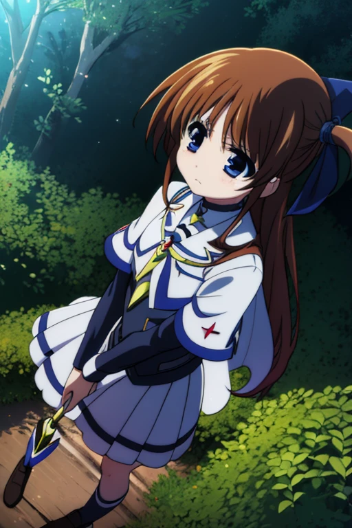 nanoha、uniform、skirt、Long Hair、Cape、Witch Hat、Magic wand、in the forest、Looking up at the sky、Sad face