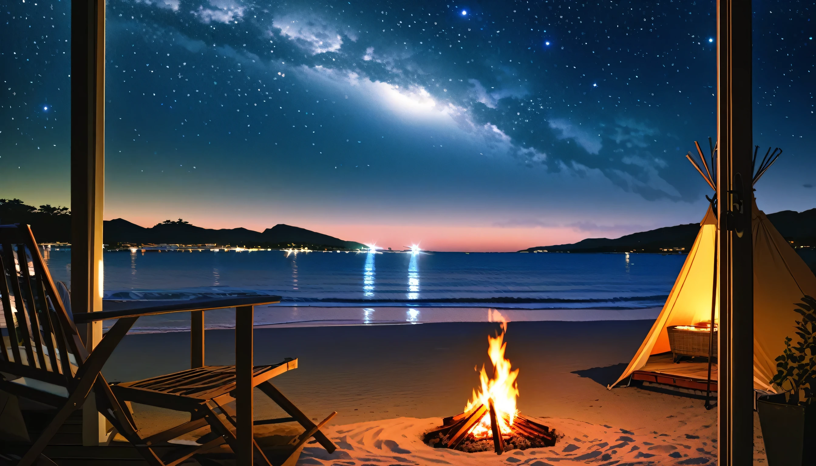 High fidelity Photograph、beach campsite、bonfire、beautiful sandy beach、The crescent moon is beautiful、tent、unburned bonfire、Grill、deck chair、starry、Quiet place、beautful view、lamplight、there was no one。