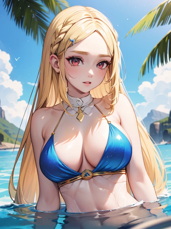 blonde very long hair, red eyes, wearing a sexy blue bra, ultrasharp, looking at the viewer, ((best quality)), ((masterpiece)), (detailed), perfect face, big breast, sexy body, with hearts and sparkles floating around her as she submerges herself in a pool of water on the beach