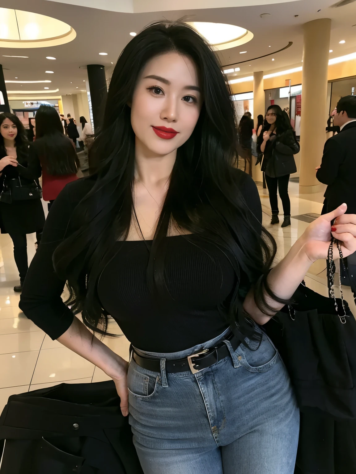 Draw lips correctly, Red lipstick, From the chest up, best quality, Ultra Detailed, lifelike, Super delicate skin, perfect anatomy (Solitary)，jeans，Black T-shackles，Black belt，Long wavy hair，37-year-old female，Mature，Charming smile，At the mall，Standing，Leg length，Chubby，Big breasts，stand up，full-body shot