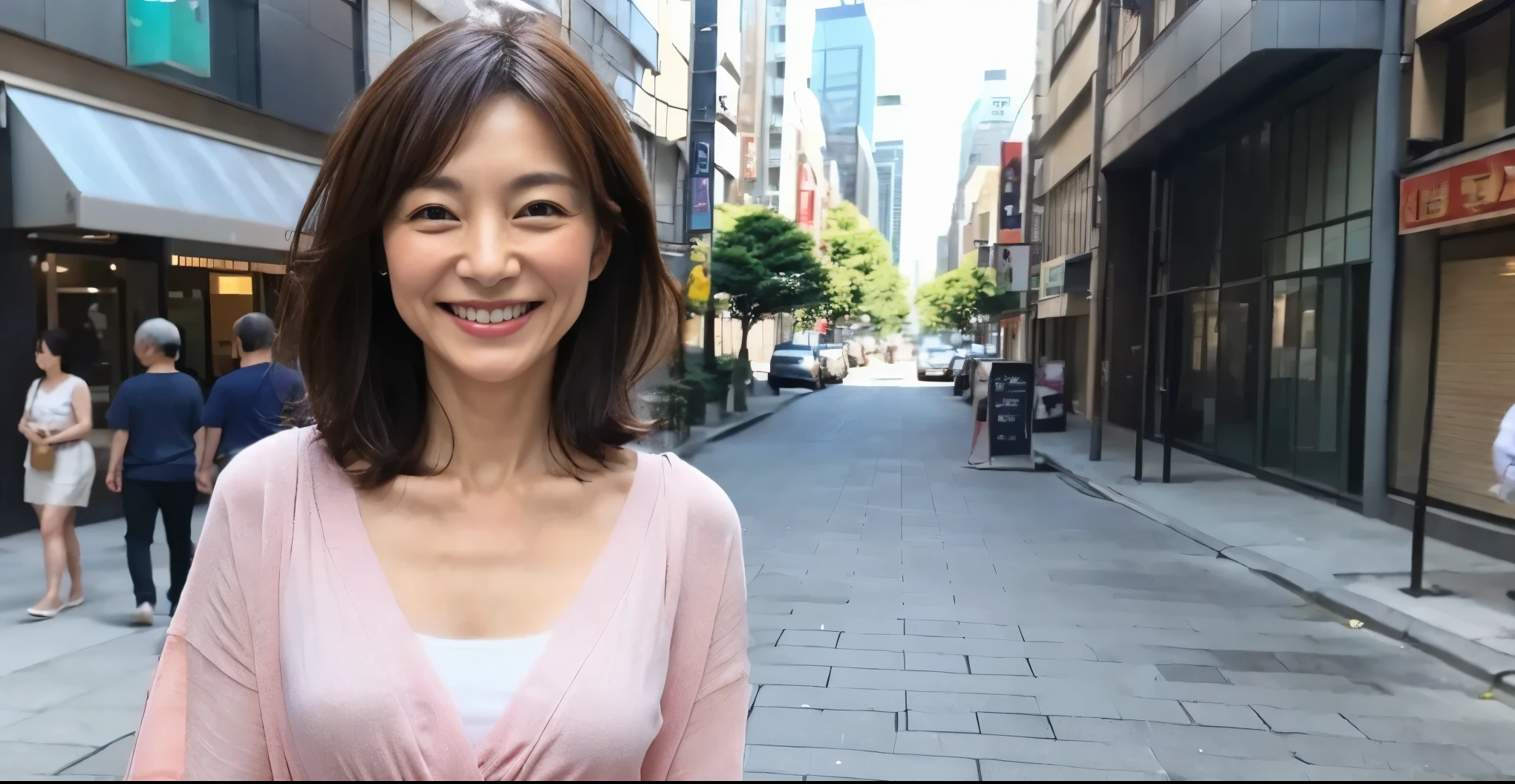 masterpiece, best quality, 16K, city, old woman, happy, smiling, standing, looking at viewer, front view, long hair, wave hair, black hair, eyes open, (large breasts:1.32), (wrinkles corners eyes:1.48), (nasolabial:1.48), (old skin:1.48), pale skin, freckled skin, wrinkles skin, (old muscles:1.2), plump, ((khaki parka)), (white t-shirt), (jeans), piercing, necklace, boots, 50-year-old, old, elderly, japanese, outside, in the city, at night, real person, ultra realistic photo, nsfw, full body shot, front view