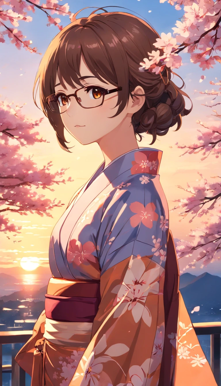 Yukata Girl, Sunset, Blooming Sakura Trees, brown hair, brown eyes, glases