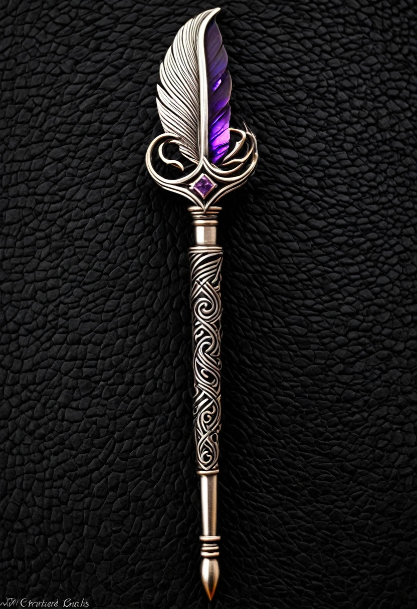 I created a wand with the following specifications. Its surface had a soft reddish hue that seemed to change subtly under the light., A lo largo del cuerpo de la varita, fine spiral engravings were seen, reminiscent of vines and flowers The hilt was wrapped in black leather, cuidadosamente trenzado,En la base, a small silver setting contained an amethyst gem,longitud de doce pulgadas y media,The core of my wand was a phoenix feather