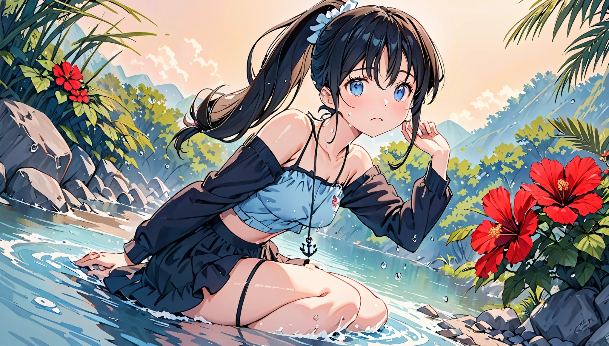 **Prompt:**
"Please draw an anime-style female character with the following characteristics:
- **Hair**: Long black hair tied in a ponytail, adorned with a red hibiscus flower.
- **Eyes**: Blue eyes with a slight blush on her cheeks.
- **Expression**: She has a slightly downward gaze with a somewhat troubled expression.
- **Outfit**: She is wearing a black bikini. The bikini top has thin straps and an anchor pendant at the chest. The bikini bottom is also black with the text 'IRONBLOOD' written on it. She has a black garter on her left thigh. She is also wearing a light blue shirt that is slipping off her shoulders.
- **Body**: She has a toned physique with emphasized muscle lines on her chest and abdomen. Her skin has water droplets, giving the appearance that she is wet.
- **Pose**: She is standing with one leg raised, bent at the knee, and her body tilted at an angle.
- **Background**: The background shows a blurred water surface, indicating that she is by the water. There are stones or rocks visible in the water."