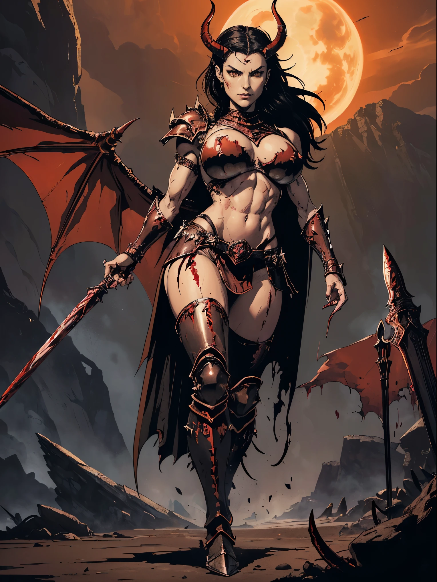 Red skin succubus tiefling, digitigrade legs, full breasts, medium breasts, black horns, wings, huge tail, black leather, crop top, long flowing pelvic curtain, tall, toned, graceful, thin, long black ponytail. Action scene, whip. Dark scene, explosions, night sky.