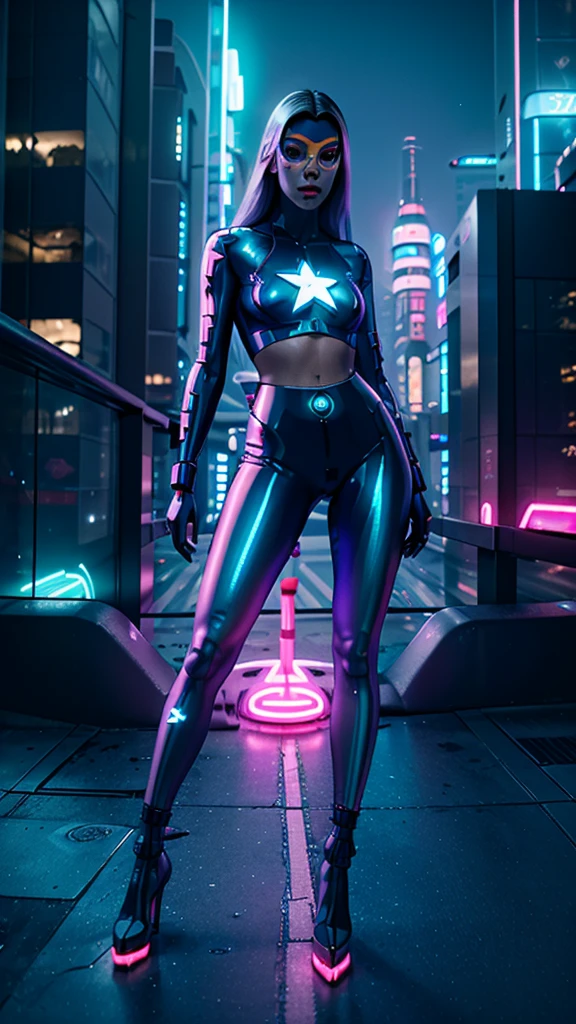 Futuristic woman wearing a sleek silver jumpsuit embedded with light-up circuitry, standing confidently with her hands on her hips in front of a cyberpunk cityscape, neon signs flickering, holograms floating by, dusk sky overhead, urban and high-tech, digital painting, ultra clear, 8k, cinematic.
