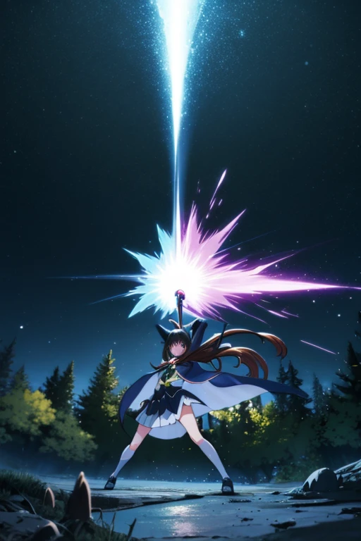 nanoha、uniform、skirt、Long Hair、Cape、Witch Hat、Magic wand、in the forest、In combat、Explosion Magic