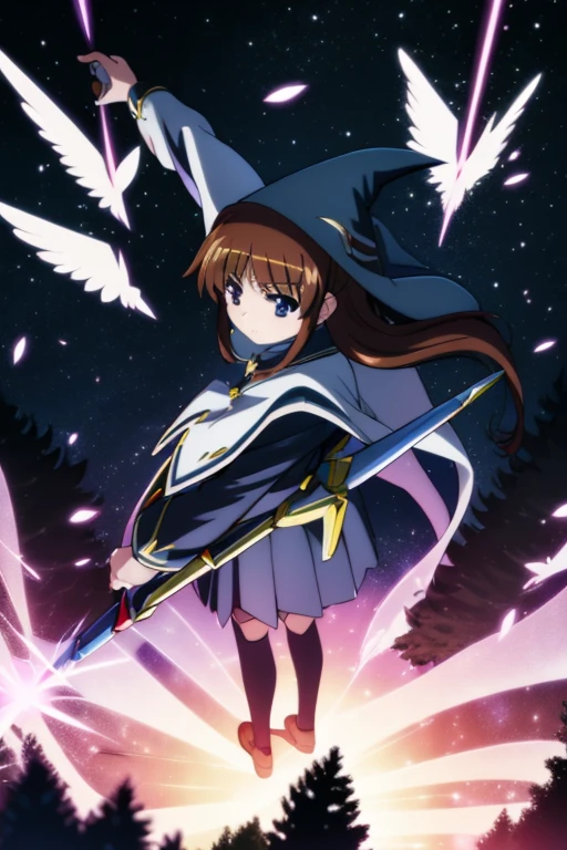 nanoha、uniform、skirt、Long Hair、Cape、Witch Hat、Magic wand、in the forest、In combat、Explosion Magic