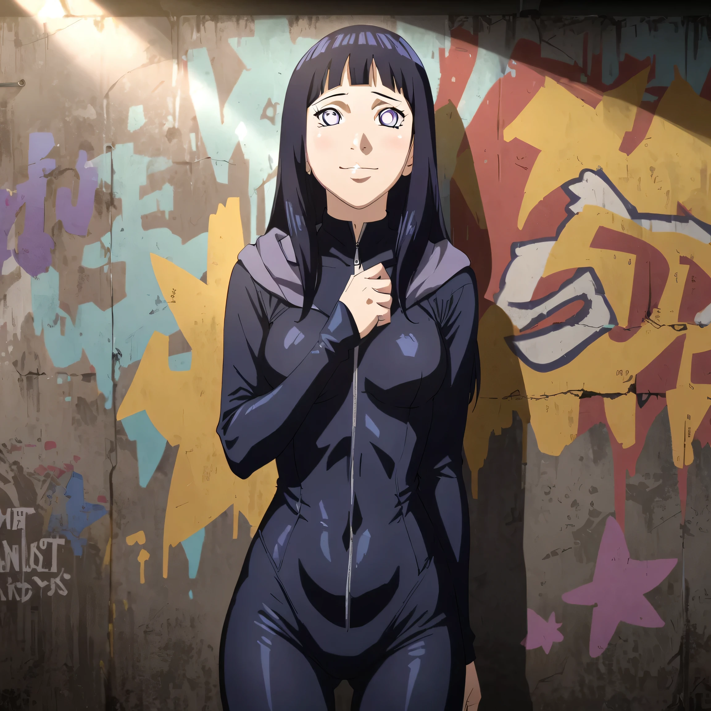 Hinata hyuga wearing zip bodysuit and standing  by Graffiti wall,showing shy expression on face,full body,nice hair, realistic skin,bright light,perfect smile on face,no errors,single