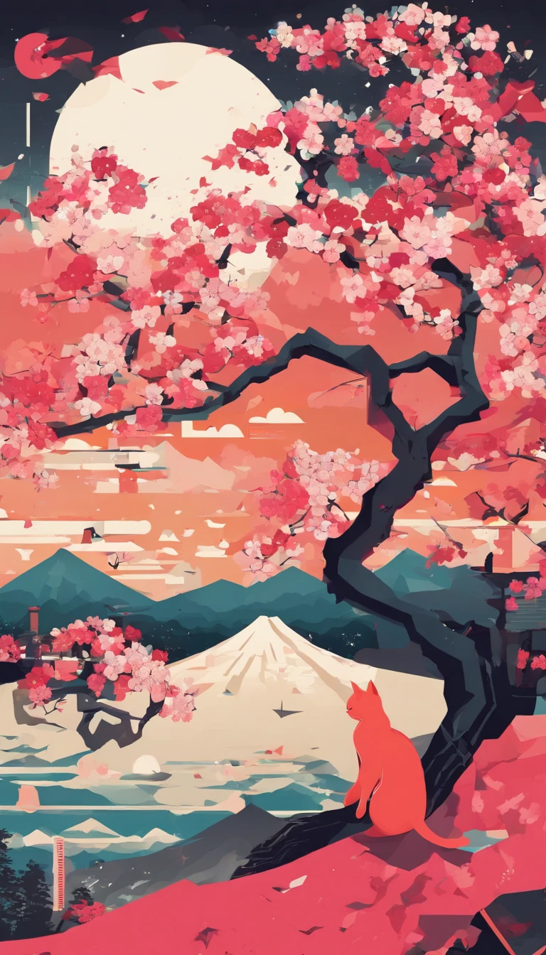 Blooming Sakura Trees, Monte Fuji, Sunset. Cats