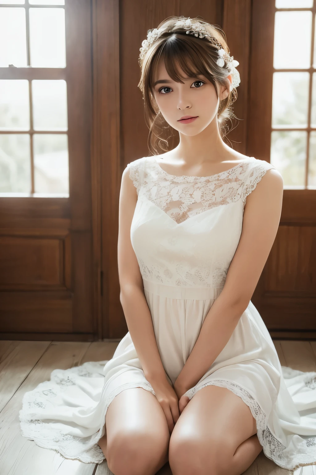 (masterpiece, top quality, raw photo, ), scene from a movie, bright room, white walls, window, (natural light), white dress, (delicate lace, camisole), natural light, beautiful girl, (beautiful eyes, light in eyes, fine eyebrows, rouge), (light makeup), (16 years old), with bangs, brown hair, light makeup, kneeling, beautiful girl, (Innocent)