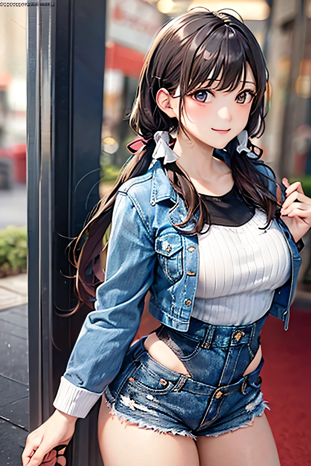 ((Perfect Anatomy, Highly detailed skin)), 1 girl, Japanese, 14 years old, Shiny skin, Take in the view, 
Beautiful Hair, Beautiful Face, Beautiful fine details, (Long Hair:1.4, Twin tails:1.6), (Baby Face), Big Breasts:0.5, Captivating arms, Captivating thighs, 
((sweater, Denim shorts, Denim jacket)), 
(smile), walk,  
(Beautiful views), Inside a convenience store, 
(8k, highest quality, Masterpiece​:1.2, Super detailed), (Realistic), Beautiful illustrations, Cinema Lighting,