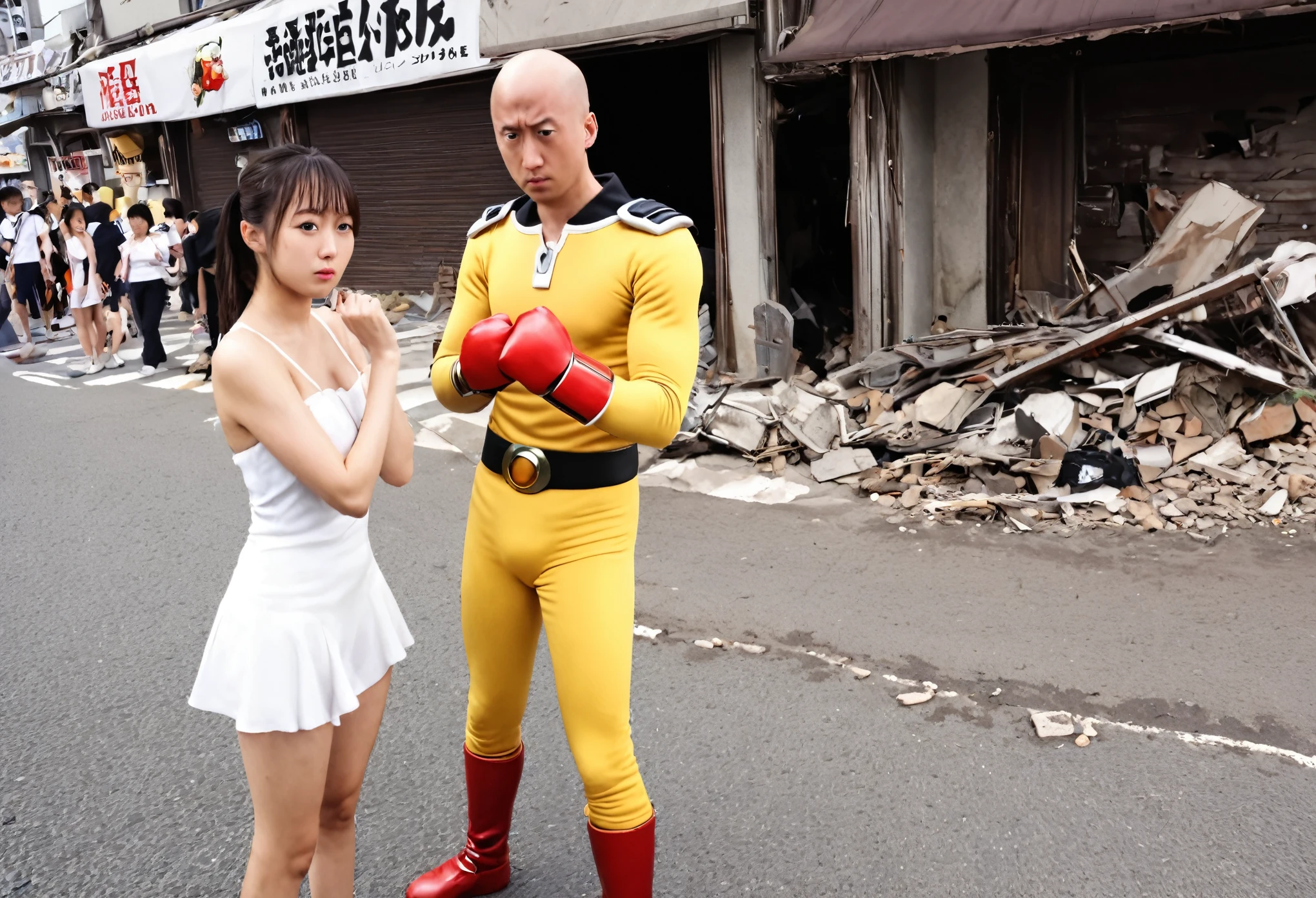 Saitama, one punch man, looks confused. A cute woman has declared she is his girlfriend and is posing for couples photos and asking the crowd to take picture, set in a wrecked part of town post fight (comedy)