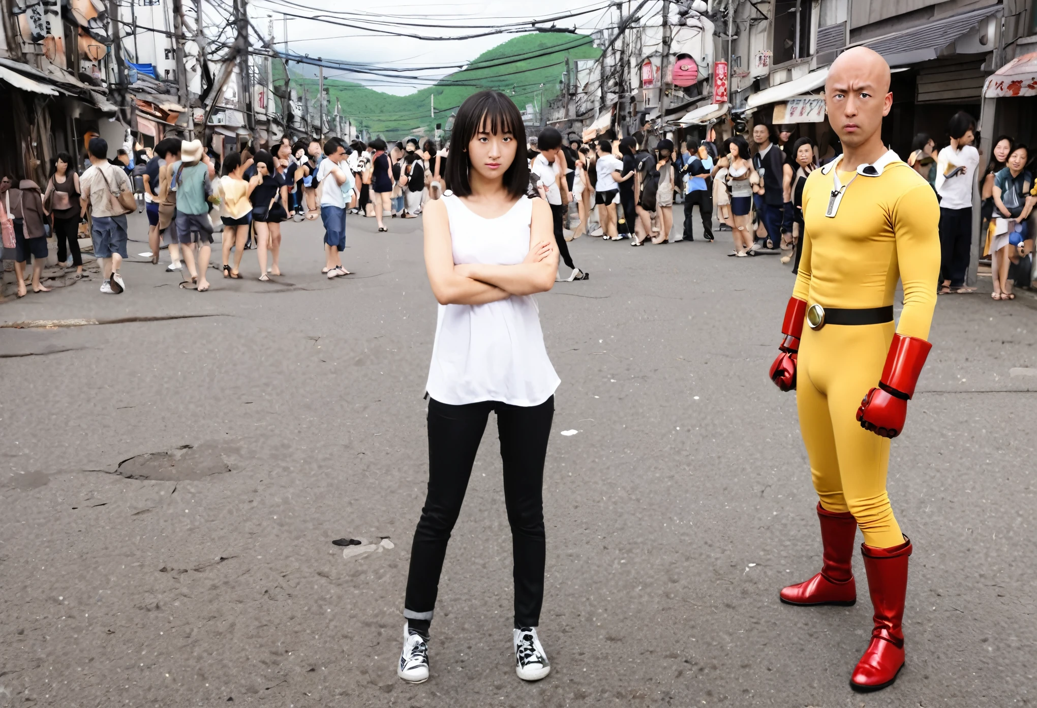 Saitama, one punch man, looks confused. A cute woman has declared she is his girlfriend and is posing for couples photos and asking the crowd to take picture, set in a wrecked part of town post fight (comedy)