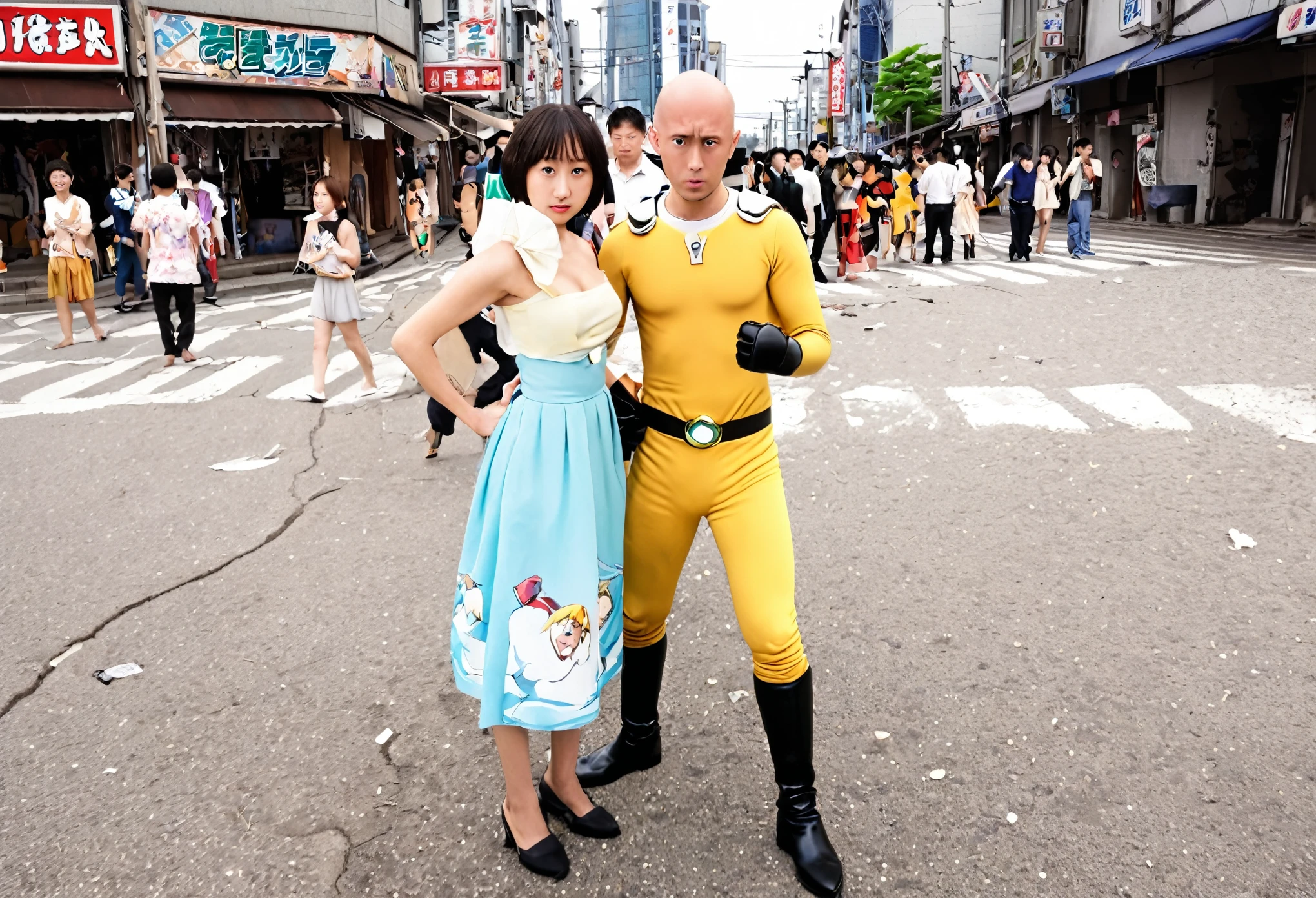 Saitama, one punch man, looks confused. A cute woman has declared she is his girlfriend and is posing for couples photos and asking the crowd to take picture, set in a wrecked part of town post fight (comedy)