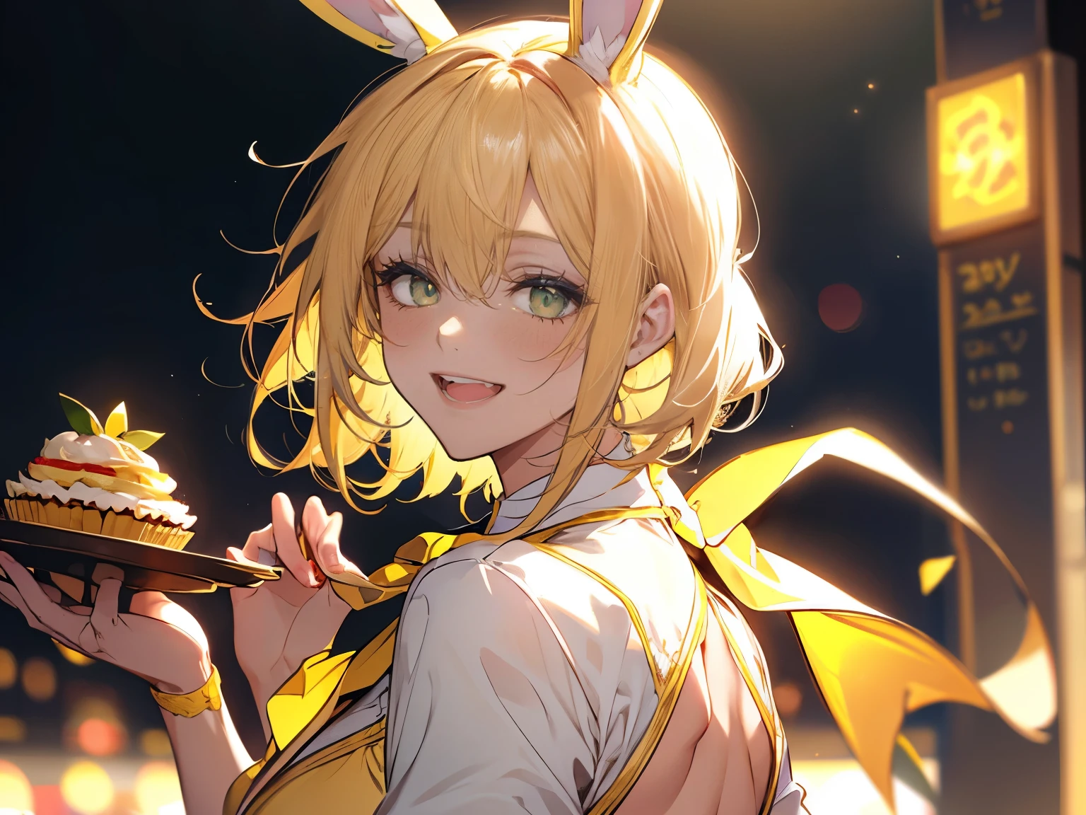 1female, teacher, wearing a yellow suit, yellow tie, bootyshorts, Thicc, large breast, yellow hair, short hair, yellow bunny ears, glowing green eyes, face to detail, detailed eyes, the background is a bright pizzaria, holding an yellow cupcake, laughing, Close up. 