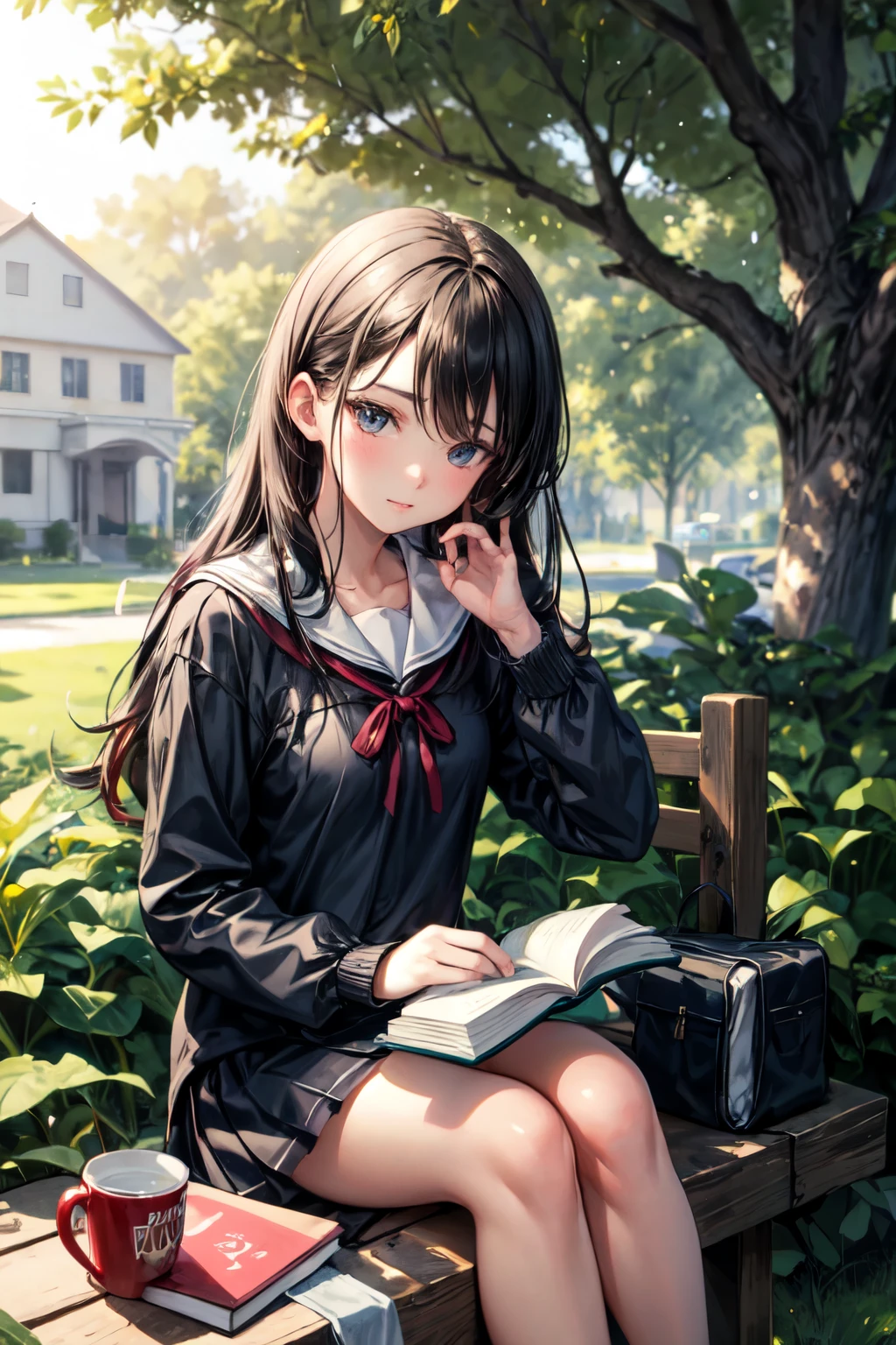 ((best quality)), ((masterpiece)), (detailed),(perfect face),"Alone girl outside the school, she is sitting on the grass with her book in sad nature, she is looking at her book under a beautiful tree,