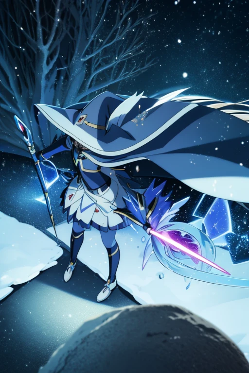 nanoha、uniform、skirt、Long Hair、Cape、Witch Hat、Magic wand、in the forest、In combat、Ice Magic