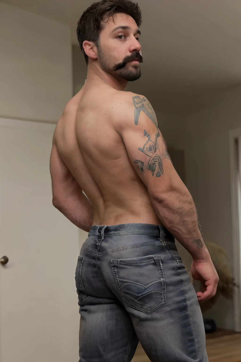 Jordan Brandt , 45yo, mustache and short beard, wearing gray jeans, shirtless, backside