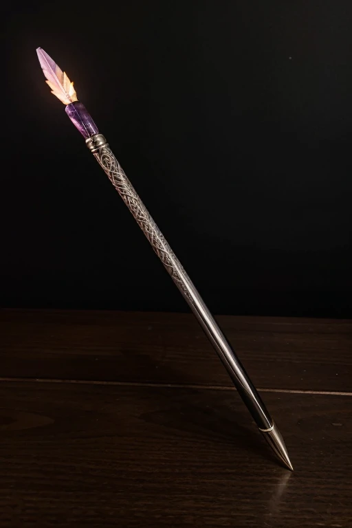 Create a magic wand with the following characteristics;
longitud de doce pulgadas y media,The core of my wand was a phoenix feather,A lo largo del cuerpo de la varita, fine spiral engravings were seen, reminiscentes de enredaderas y flores,Its surface had a soft reddish hue that seemed to change subtly under the light., The hilt was wrapped in black leather, cuidadosamente trenzadoEn la base, a small silver setting contained an amethyst gem