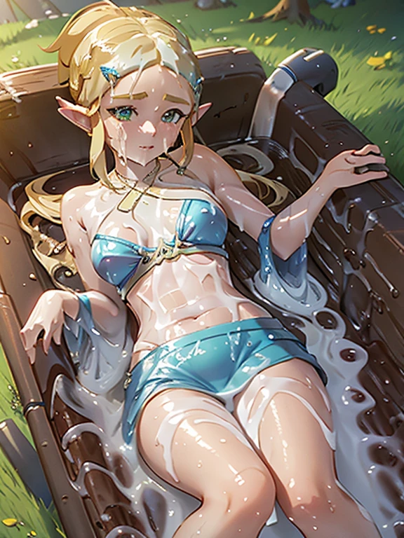 princess Zelda submerged in a tub of white slime, wearing a blue bra and brown skirt, ponytail, knees bent, looking at viewer