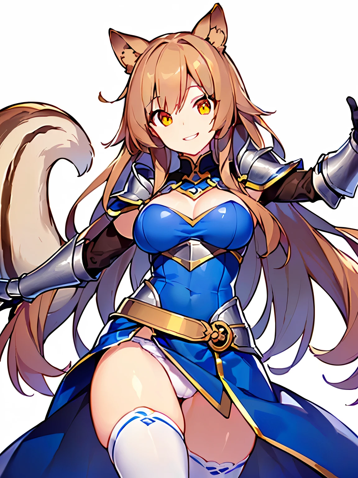 ((Masterpiece, 8k, High quality)), (adult female), (orange eyes), (((long brown hair))), ((Squirrel ears)), ((Medium bust, hips wide open)), ((wearing white stockings)), (((Wearing silver armor))), ((blue skirt)), ((eyes wide open, smile a little)), ((single woman)), body lines are very เพศy, Crotch wide open, The pointed shape is clearly visible., Can see areola, The pubic area is clearly visible., Crotch wide open, Wet and stuck underwear