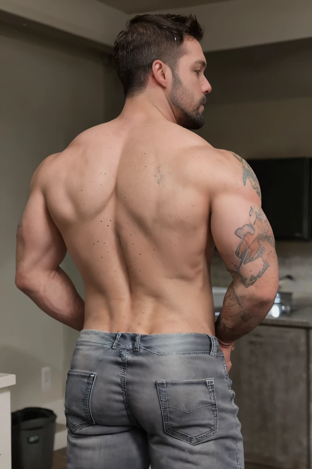 Jordan Brandt , 45yo, short beard, wearing gray jeans, ((shirtless)), backside