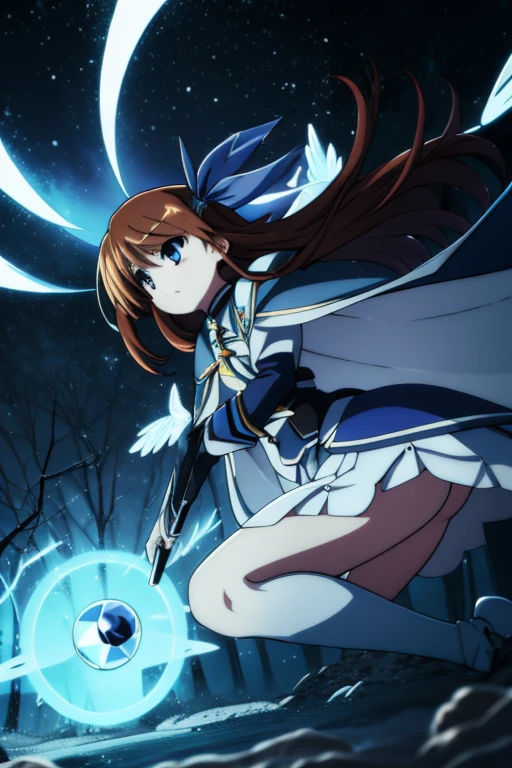 nanoha、uniform、skirt、Long Hair、Cape、Witch Hat、Magic wand、in the forest、In combat、Ice Magic、Light blue magic circle