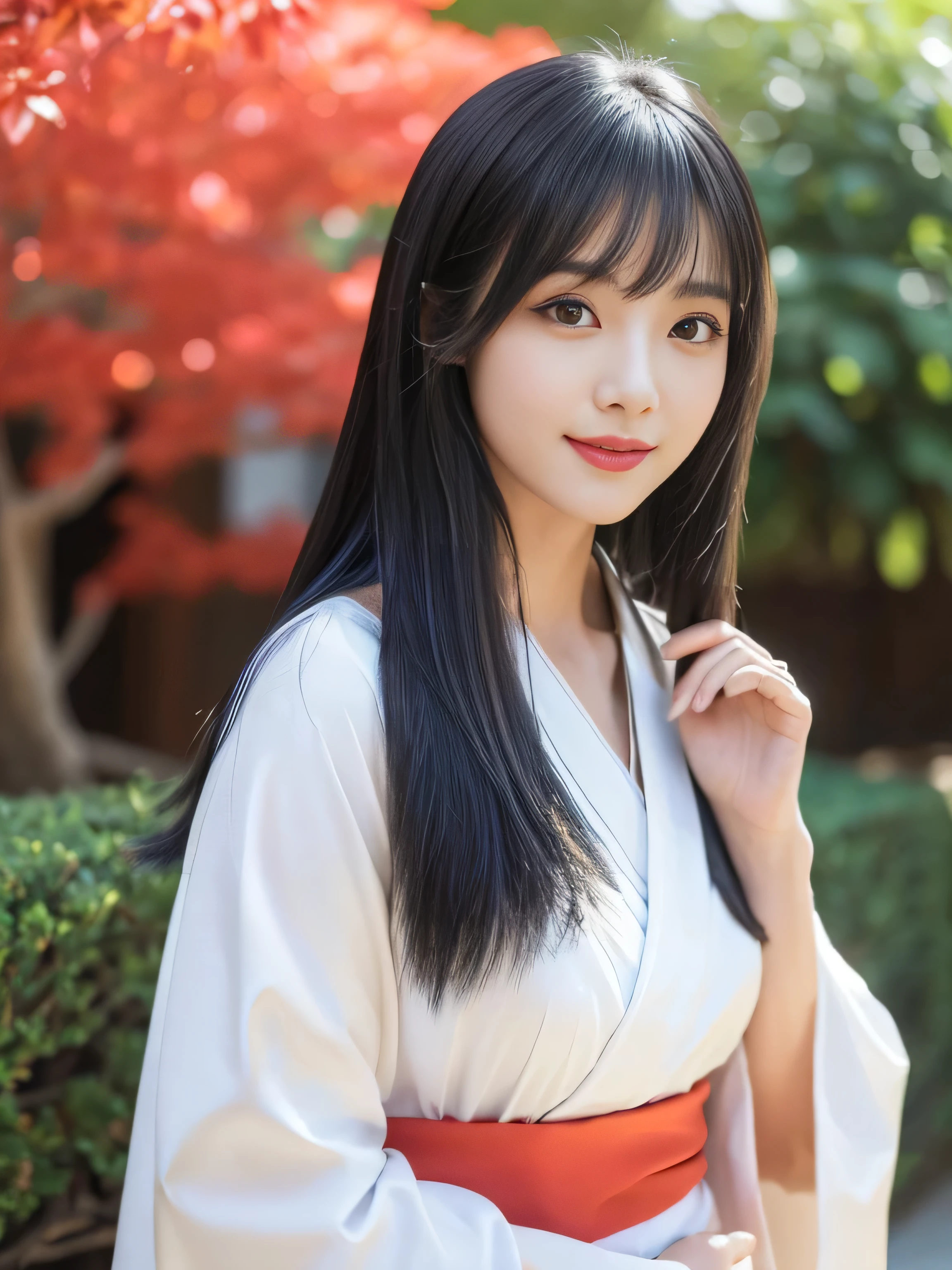 (1 Waist-up shot of a woman)　((She is wearing a random color kimono))　(She is standing looking at the viewer)　　((highest quality))　((masterpiece))　(Familiar)　(Get used to it)　(White wall background:1.8. Photo of upper body from waist up)　(The most beautiful and sensual 18-year-old kimono model in Japan)　(Very shiny and voluminous, Very straight!!!　The highest quality and most detailed, incredibly long, jet black hair hangs down widely on both sides of the body.　The hair on the back is neatly trimmed　Her highest quality and highest detail of ridiculously long everlasting extraordinarily long jet black hair is very long hair!!!　Her beautiful jet black hair is very long!!!　Her hair is very black!!!　length hair down to the waist!!!　length hair down to the waist!!!　length hair down to the waist!!!　length, Shiny black hair, black silky hair, detailed length black hair, length black straight hair, long Straight black hair, length black hair, 太くShiny black hair, length black hair, Straight black hair, length and free straight black hair, Perfect Silky Straight Hair, Extra Dark Natural Black Hair, very length black hair)　(Her bangs are neatly trimmed, Complete Habit:1.3)　(She received a beautiful make-up done by a professional make-up artist.....　Exquisite texture:1.4　Bright red lipstick　Beautiful black eyeliner)　　(She has a typical Japanese body type and typical Japanese skin color.....、The skin has fine details)　(Her face is perfect, Slim and dignified.　 double eyelid　Squint your eyes:1.1)　(Genuine RAW photos taken by professional photographers using SLR cameras)　((Rich 1.4))　(Extremely detailed 8K)　(Exquisite texture1.4)　(Actual, Vibrant:1.4),　Sharp focus:1.2、Beautiful woman:1.4　Dynamic Lighting　(Genuine RAW photos taken by professional photographers)　(This is a sunny day garden)　(Her smile is very gentle)