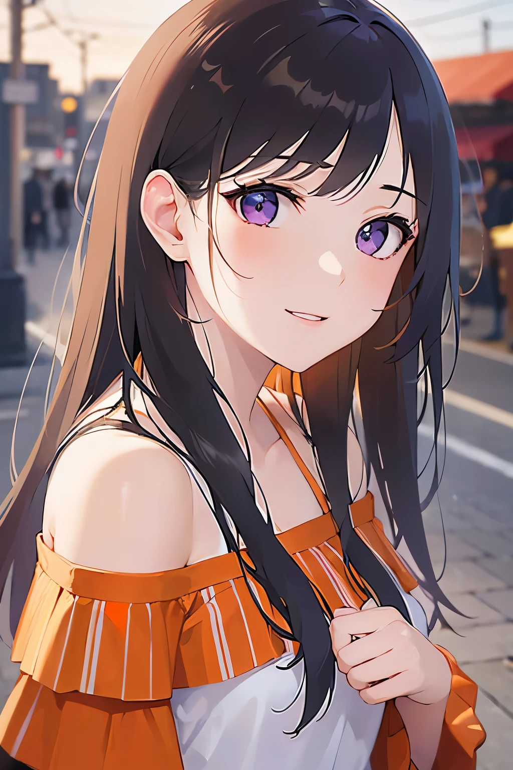 highest quality、masterpiece、 Realistic, Real person, (Pale skin: 1.2), RAW Photos, Realistic, Shiny skin, Shiny Hair、(A 26-year-old woman with straight hair and bangs) and (Medium Hair) and (Black Hair) and (Purple eyes) ,(Orange Off-Shoulder:1.7) 、(smile:1.2)and(open mouth:0.8)、(looking up:1.2)、The background is an amusement park、alone、(Biologically correct five fingers)and(Placing hand on chest:1.6)、Side view、Cinema Angle