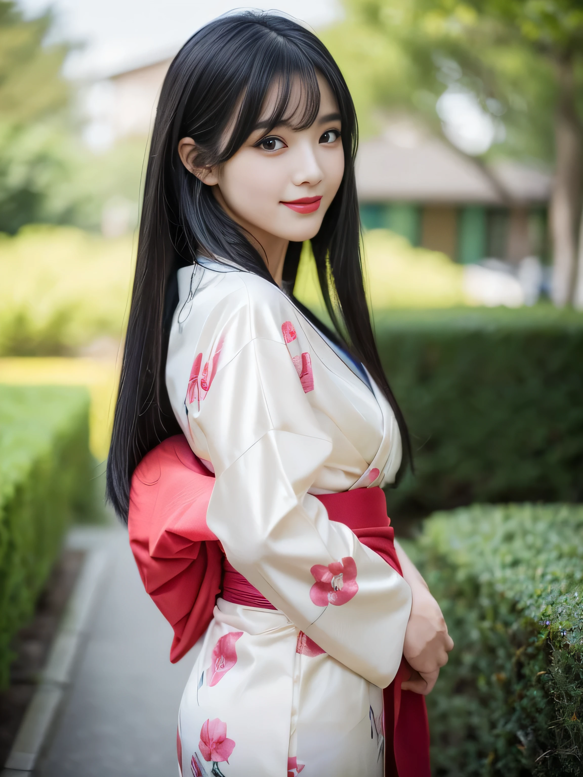 (1 Waist-up shot of a woman)　((She is wearing a random color kimono))　(She is standing looking at the viewer)　　((highest quality))　((masterpiece))　(Familiar)　(Get used to it)　(White wall background:1.8. Photo of upper body from waist up)　(The most beautiful and sensual 18-year-old kimono model in Japan)　(Very shiny and voluminous, Very straight!!!　The highest quality and most detailed, incredibly long, jet black hair hangs down widely on both sides of the body.　The hair on the back is neatly trimmed　Her highest quality and highest detail of ridiculously long everlasting extraordinarily long jet black hair is very long hair!!!　Her beautiful jet black hair is very long!!!　Her hair is very black!!!　length hair down to the waist!!!　length hair down to the waist!!!　length hair down to the waist!!!　length, Shiny black hair, black silky hair, detailed length black hair, length black straight hair, long Straight black hair, length black hair, 太くShiny black hair, length black hair, Straight black hair, length and free straight black hair, Perfect Silky Straight Hair, Extra Dark Natural Black Hair, very length black hair)　(Her bangs are neatly trimmed, Complete Habit:1.3)　(She received a beautiful make-up done by a professional make-up artist.....　Exquisite texture:1.4　Bright red lipstick　Beautiful black eyeliner)　　(She has a typical Japanese body type and typical Japanese skin color.....、The skin has fine details)　(Her face is perfect, Slim and dignified.　 double eyelid　Squint your eyes:1.1)　(Genuine RAW photos taken by professional photographers using SLR cameras)　((Rich 1.4))　(Extremely detailed 8K)　(Exquisite texture1.4)　(Actual, Vibrant:1.4),　Sharp focus:1.2、Beautiful woman:1.4　Dynamic Lighting　(Genuine RAW photos taken by professional photographers)　(This is a sunny day garden)　(Her smile is very gentle)