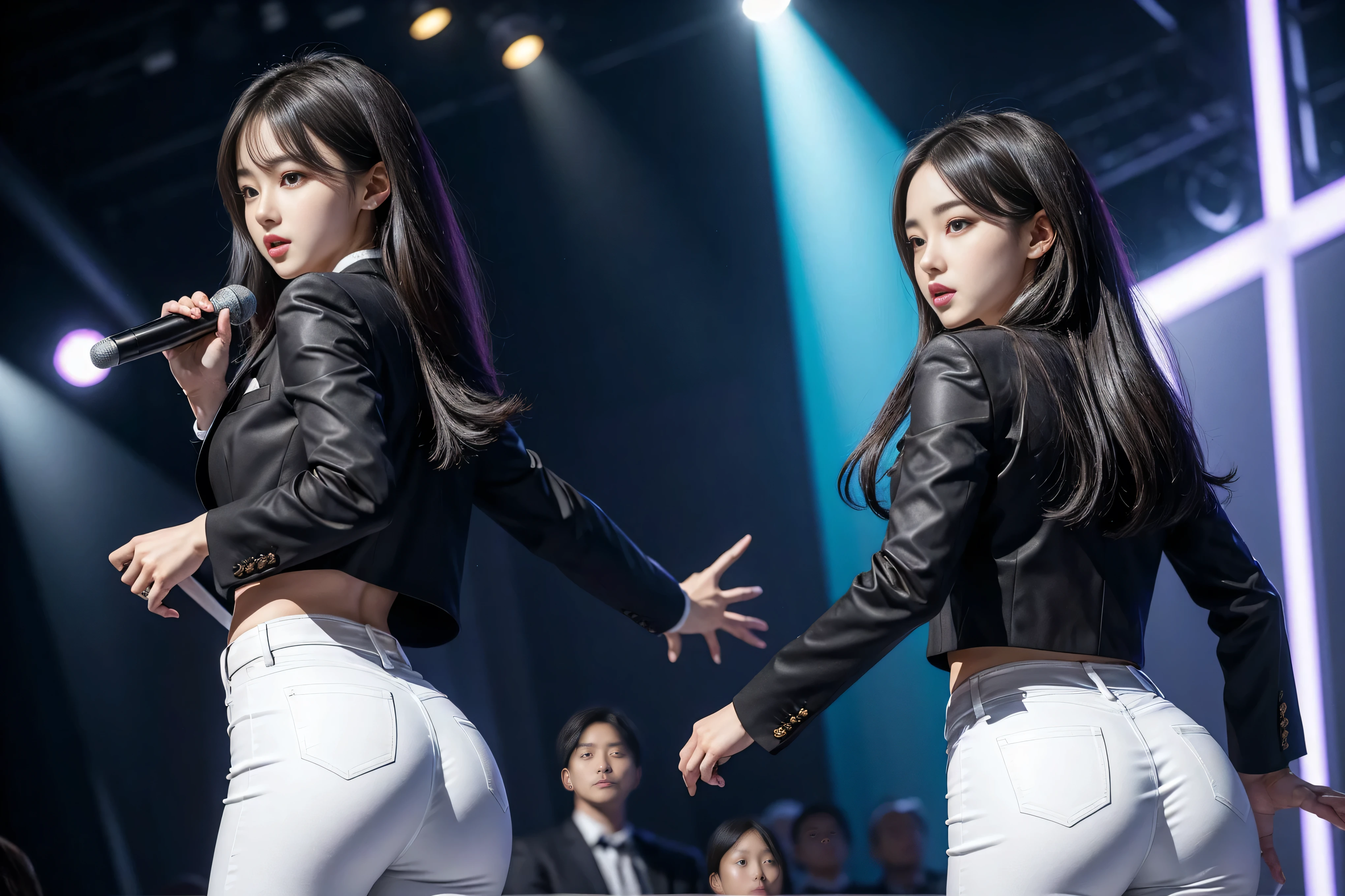 (8k,Highest Quality,masterpiece,practical,Super detailed:1.3),(1 girl,Beautiful Korean girl, Korean pop idol),(Black suit jacket:1.2),(White skinny trousers:1.1),(Serious expression:1.2)discuss,(speech,Handheld Microphone:1.2)(crowd,audience:1.3),Sexy long legs, (Thigh gap:1.5),Wide hips,S-Shaped Body, Hips lifted,,black hair,(Ass Focus:1.1)Shot from behind
