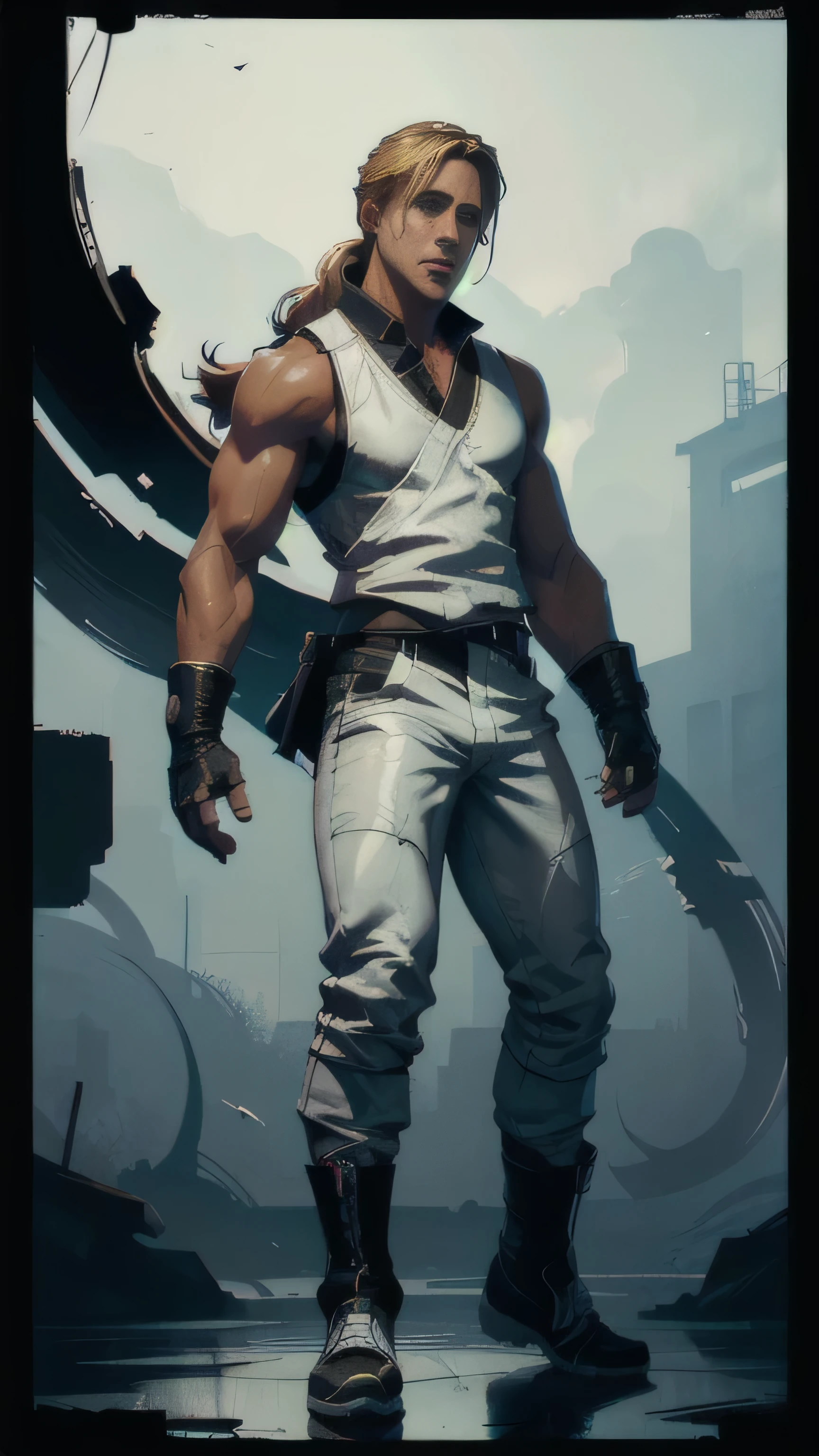 (Ryan Gosling) as Kobra from Mortal Kombat, long hair, white sleeveless vest, white fingerless gloves, black ninja pants, black ninja shoes, 1man, solo, full body view, front view, looking at viewer, intricate, high detail, sharp focus, dramatic, photorealistic painting art by greg rutkowski