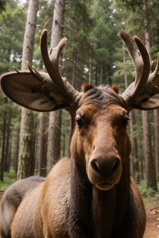 ((best quality)), cartoon, male moose in pine forest