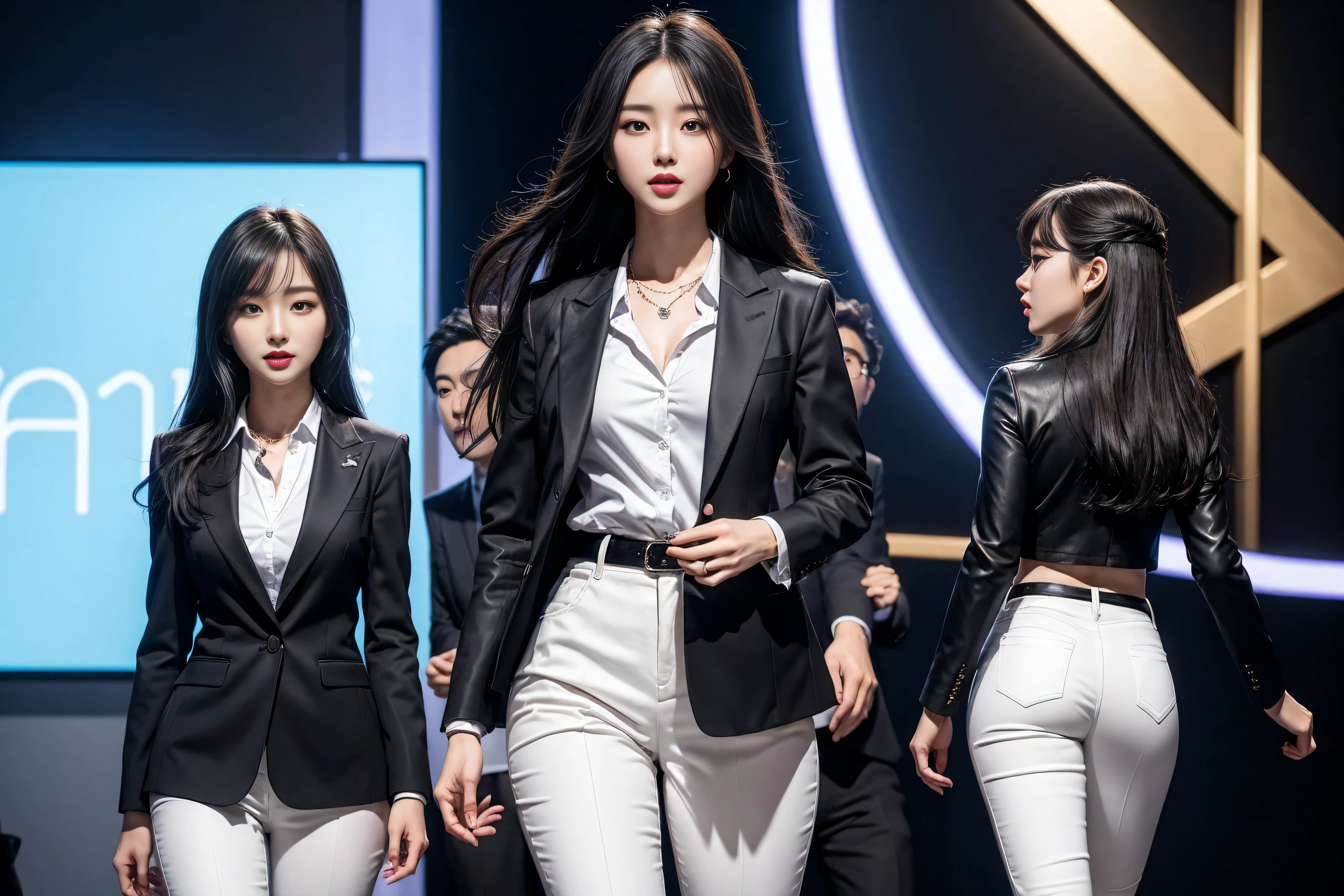 (8k,Highest Quality,masterpiece,practical,Super detailed:1.3),(1 girl,Beautiful Korean girl, Korean pop idol),(Black suit jacket:1.2),(White skinny trousers:1.1),(Serious expression:1.2)discuss,(speech,Handheld Microphone:1.2)(crowd,audience:1.3),Sexy long legs, (Thigh gap:1.5),Wide hips,S-Shaped Body, Hips lifted,,black hair,(Ass Focus:1.1)Shot from behind