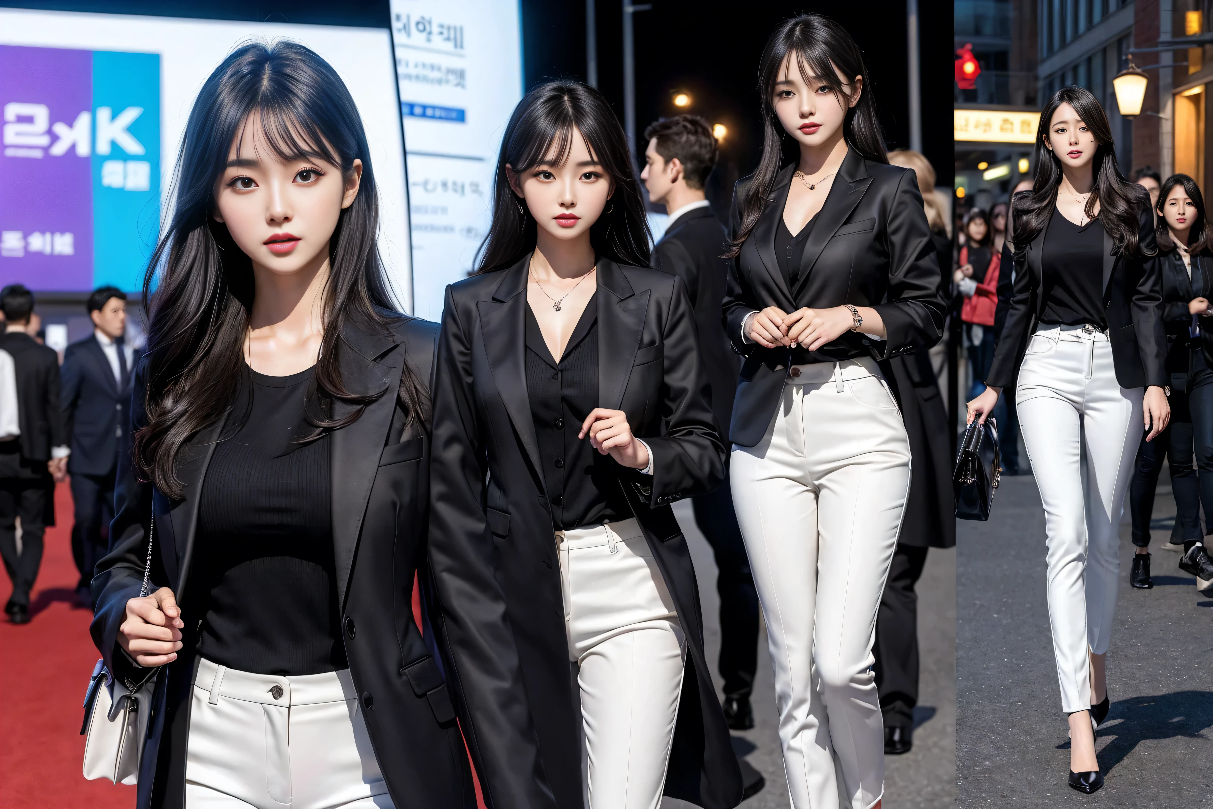 (8k,Highest Quality,masterpiece,practical,Super detailed:1.3),(1 girl,Beautiful Korean girl, Korean pop idol),(Black suit jacket:1.2),(White skinny trousers:1.1),(Serious expression:1.2)discuss,(speech,Handheld Microphone:1.2)(crowd,audience:1.3),Sexy long legs, (Thigh gap:1.5),Wide hips,S-Shaped Body, Hips lifted,,black hair,(Ass Focus:1.1)Shot from behind