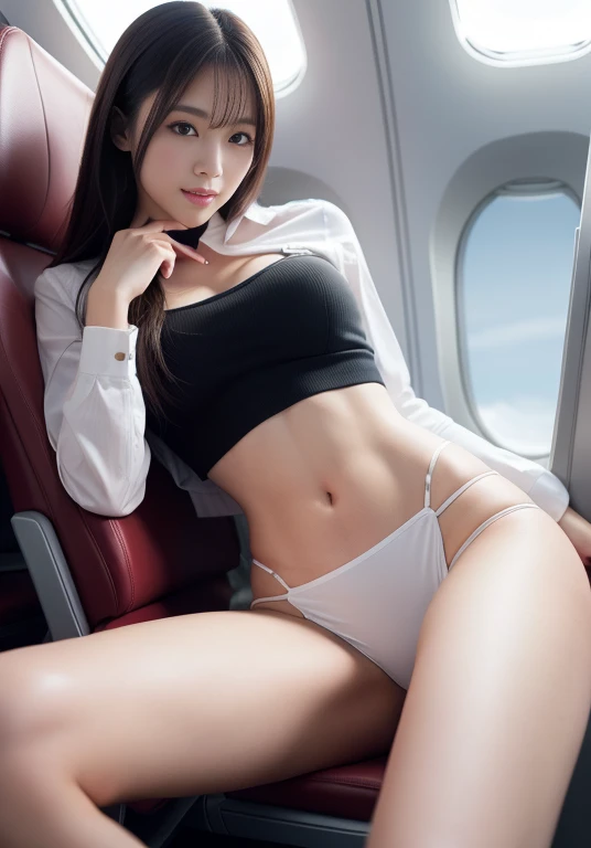 (8k, highest quality, masterpiece: 1.2), (Realistic, Realistic: 1.2),　Beautiful Japanese 20 year old woman, Tight waist, Thin thighs, detailed: (非常にdetailedな: 1.3), stewardess costume,彼女のThin thighsからは、Her muscles are exposed. (High resolution: 1.1), She proudly shows off her toned abs, Airplane Passenger Passenger Passenger, ((From below:1.45)), ahegao, Spread your legs, ((Perfect beauty)), 